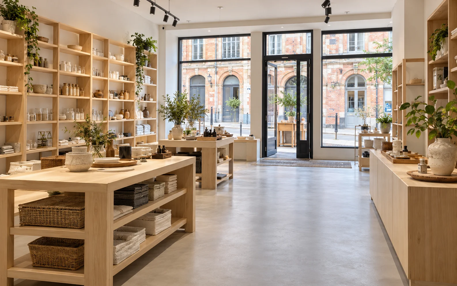 Magasin remis en état Illustration : intérieur de commerce rénové avec une vitrine intacte