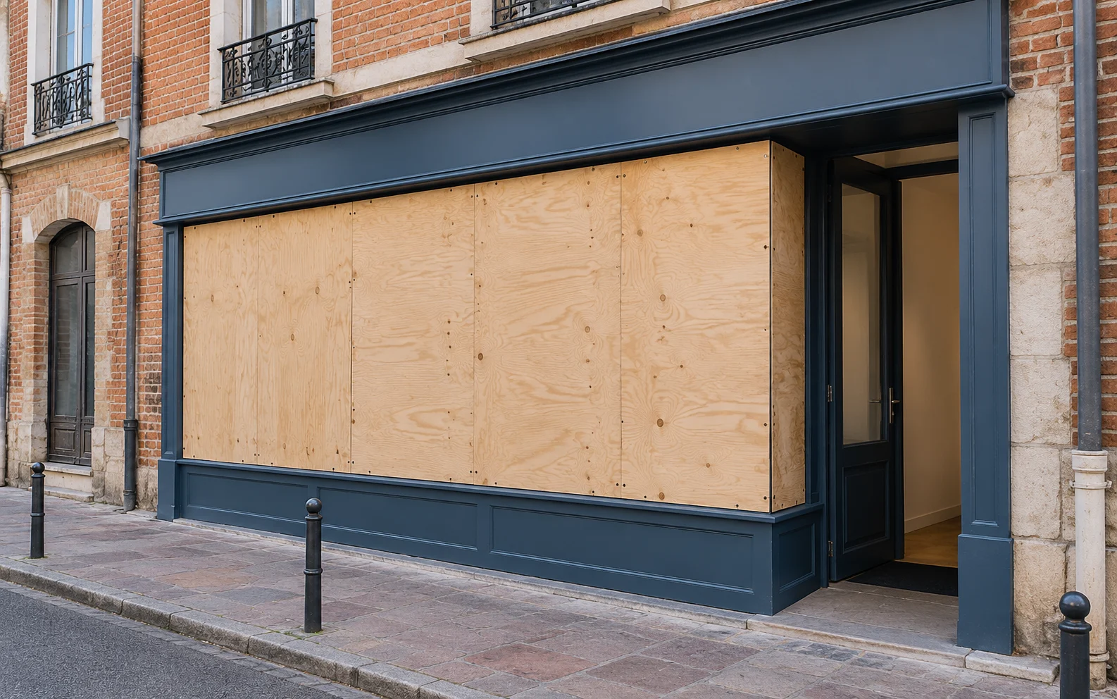 Protection provisoire de vitrine Illustration : devanture de magasin protégée par des panneaux de bois