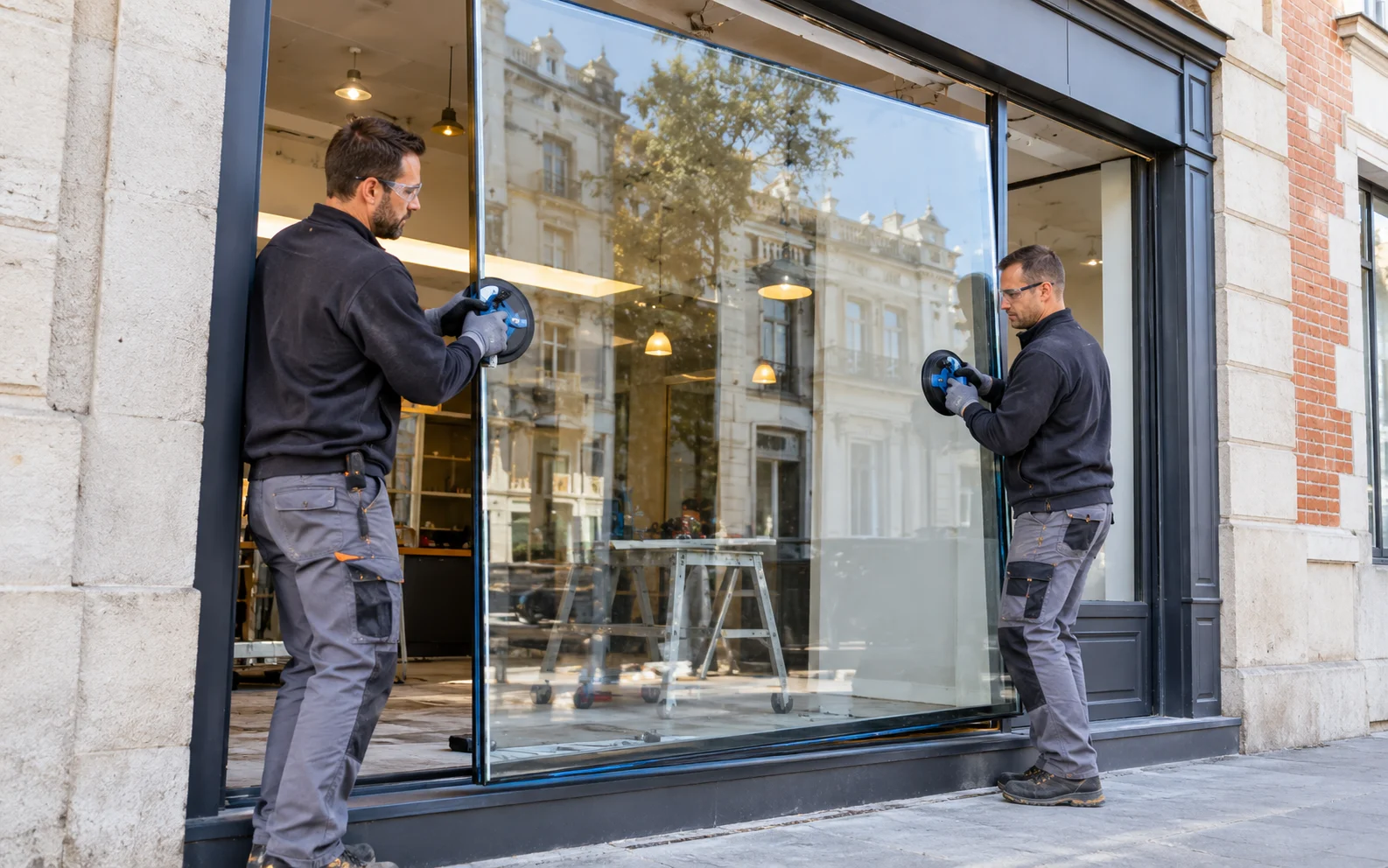 Remplacement de vitrine de magasin Illustration : deux vitriers installent un vitrage de devanture avec des ventouses